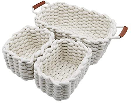 Icegrey Aufbewahrungskorb Baumwolle Strickkorb Dekorative NatüRliche Rechteck Wasserdichter Aufbewahrungsboxen Organisatoren für Babyzimmer, Schlafzimmer, Wohnzimmer Weiß 3er Pack