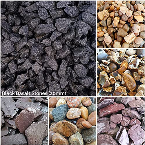 Elixir Gardens Decorative Coloured Stones Pebbles Cobbles Slate Paddlestones Gravel Chippings Aggregate Various Sizes 1kg-1000kg | (20kg x 1, Black Basalt)