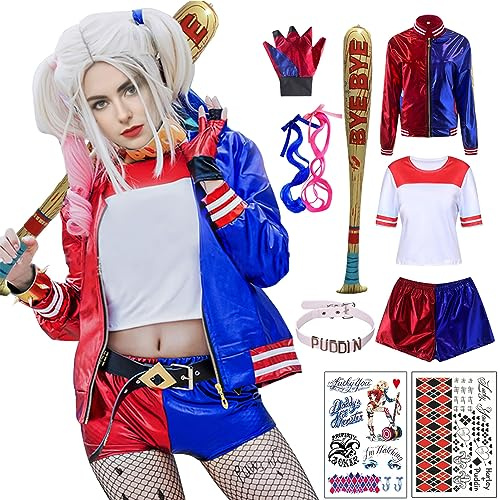 Amycute Cosplay Kostüme für Erwachsene, Bösewicht Suicide Kostüm Kit enthalten Jacke, T-Shirt, Shorts und Handschuh für Halloween Karneval Cosplay (XL(165-170cm))