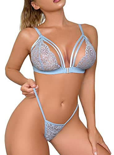 Niwicee Sexig damunderkläder set behåar spets sexig G-string bh natt nattnattlinne 2 delar justerbar frontöppning bh push up underkläder trosor set, E-blå, S
