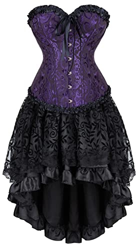 Grebrafan Steampunk Party Showgirl Corset Bustier with Tutu Skirt | Floral brocade corset 2 piece set, goth or renaissance fairecostume woman