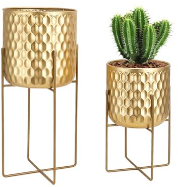 TRIROCKS Set of 2 Modern Metal Planters with Stands 31cm &45cm Flower Holders Pots for Indoor Outdoor Kitchen Living Room Corner Garden Balcony Patio Decor (Gold)