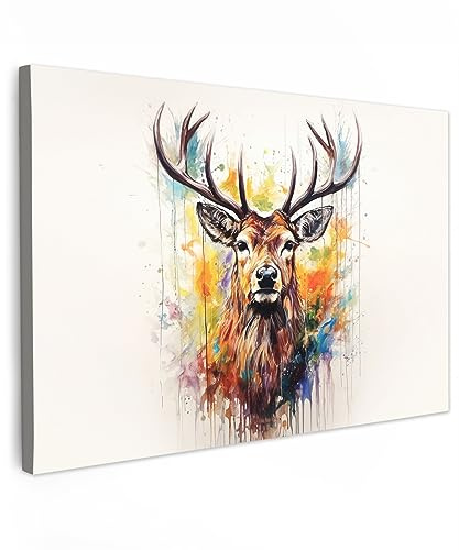 MuchoWow© Leinwände Bild Tier Wall Decoration Bilder Schlafzimmer Deko | 60x40 cm - Pictures Canvas Painting Wanddekoration Wohnzimmer Hirsch - Reh - Geweihe - Kunst - Farbe - Farbenfroh