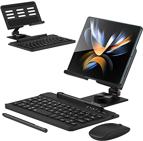 for Samsung Galaxy Z Fold 7 6 5 4 All Fold Smartphones Bluetooth Keyboard and Mouse Set, Portable Travel Keyboard Adjustable Foldable Aluminum Alloy Stand Holder with Pen for 4.7-8.5 Mini Tablets