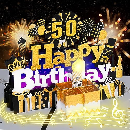 Geburtstagskarte, 50. Geburtstagskarten mit Musik und Lichtern, ausblasbare 3D-Pop-Up-Karte, Geburtstagsmusik abspielen, LED-Kerzen ausblasen und alles Gute zum Geburtstag sagen – Schwarzgold