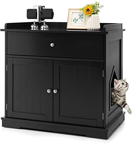 COSTWAY Mobile Lettiera per Gatti in Legno, con Portaoggetti, Nero | Casetta per Gatti con 2 Ante e Ingresso Laterale, Mobiletto Multiuso per Ingresso e Soggiorno, 76 x 53 x 74 cm, Carico Massim