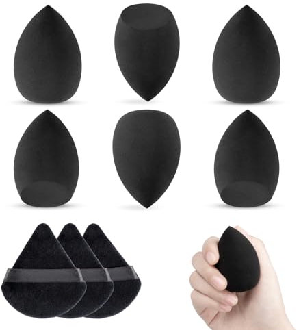 Set di 6 spugnette trucco make up con 3 puff cipria triangolo, nero riutilizzabili spugna trucco per fondotinta liquido,powder puff per polveri cipria fard