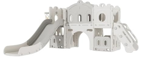 Baby Slide and Swing Set Toddler Climber Swing Set Freestanding Slide Baby Playground Activity Center Infant Playground Play Set Indoor Outdoor Long Slide Kid Play Equipment (Aisle Grey White)