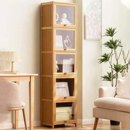 Glasvitrine Standvitrine, Curio-Schrank mit Acryltüren, Vitrinen aus natürlichem Bambus für Sammlerstücke, moderne, minimalistische Vitrine mit Klapptür, Curio-Schrank, bodenstehendes Bücherregal ( Si
