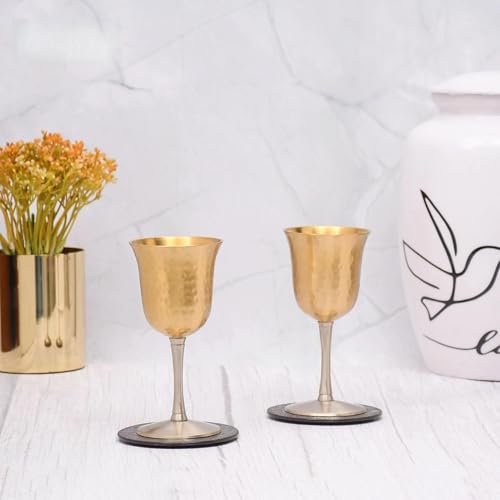 Beautifully Designed Hammered Tulip Set of 2 Vintage Solid brass Sherry/Wine Goblets Barware Brass Matt Finished Brass 7 x 7 x 14 CM