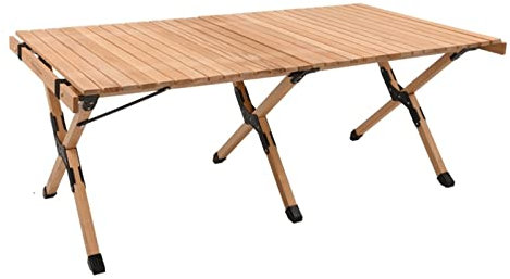 ZENFEKU Campingtisch, Massivholz-Rolltisch, klappbarer Holztisch, tragbar, für draußen, drinnen, faltbar, Picknicktisch, Camping, Grillen, Angeltisch (Beige)