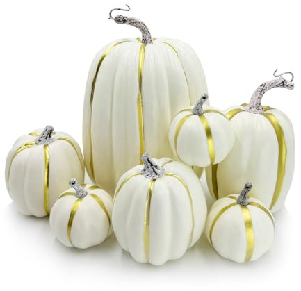 DOJoykey 7 Stück künstliche Kürbisse, große weiße Kürbisse für Thanksgiving, Herbsternte, Halloween-Dekoration