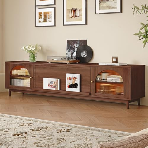 HOLGVE TV Schrank, Tv Lowboard, Fernsehschrank, Fernsehtisch mit Klappen Türen, Kabelloch, Massivholz,Eiche, für Wohnzimmer Schlafzimmer(Walnut Wood Color,160cm/62.9in)