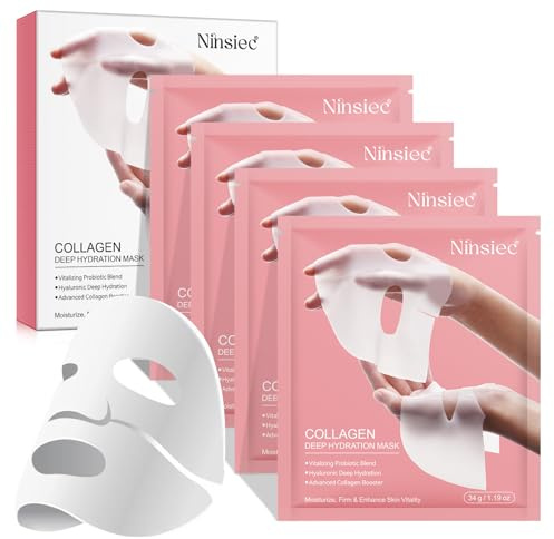 Djupverkande kollagemask med hyaluronsyra – anti-rynk hydrogelmask för åtstramande hud, 24H intensiv fukt, dermatologiskt testad, vegan, 4 stycken