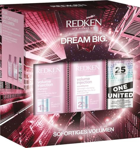 Redken Pflegeset mit reparierendem Volumen-Boost, Volume Injection Shampoo 300ml & Conditioner 300ml, One United Multi-Benefit-Treatment 150ml mit Hitzeschutz
