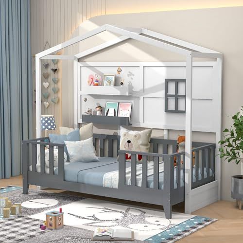 GYMAX Wooden Kids Bed Frame, Toddler Single Bed with 2 Shelves and Guardrails, Children House Floor Bed for Boys Girls, No Box Spring Needed