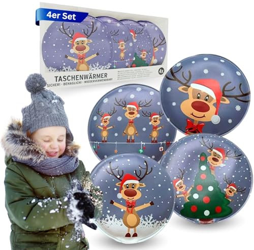 Lüttenburg 4er Set Taschenwärmer für Kinder Rentier Rudolph - Wiederverwendbare Handwärmer rund Geschenk für Weihnachten - weihnachtliche Taschenheizkissen ca. 9x9 cm - Adventskalender Befüllung