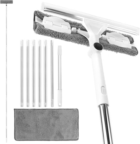 QWORK® 3,7m Teleskop Fensterwischer Abzieher Set, 2-in-1 Fensterreiniger mit 180° Drehung für Innen- und Außenfenster, inkl. 1 Ersatz-Mikrofasertuch