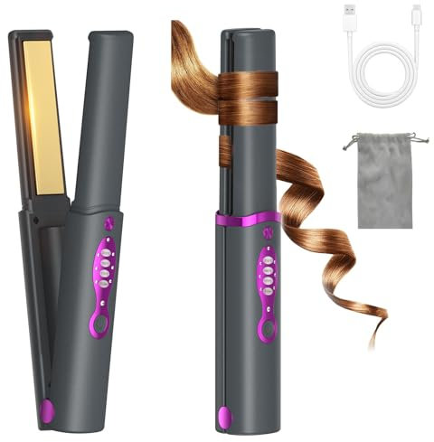 OBEST Piastra per Capelli Senza Fili,2 in 1 Arricciacapelli Senza Fili,Mini Piastra per Capelli Portatile Viaggio con Titanio,Riscaldamento Rapido,Ricarica Tipo C,3 Temperature Regolabili