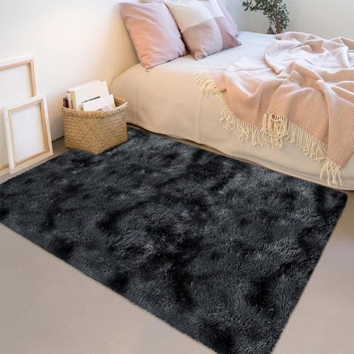 HOKXUAN Teppich Wohnzimmer Hochflor 90 x 210 cm Extra Weich, Pflegeleicht Modern Langflor Shaggy Bettvorleger Modernes Einfarbiges Design Fürs Wohnzimmer, Schlafzimmer, Schwarz