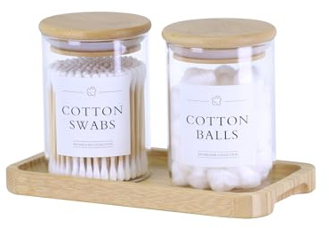INIUNIK Qtip Holder with Vanity Tray - 2 Pack Glass Apothecary Jars with Lids, Cotton Ball Swab Pad Floss Pick Holder, Bathroom Organizers Jars Containers Canisters Accessories Set