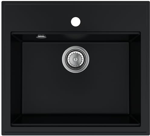 SINK Quality Spüle Schwarz Granit 56 x 51 cm - Einbauspüle Schwarz mit Siphon und Imprägnierung - Spülbecken für 60 cm Schrank - Moderne Küchenspüle Granit - Waschbecken Küche