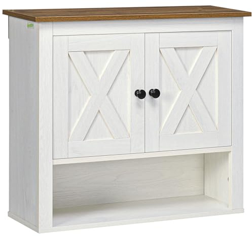 kleankin Farmhouse Bathroom Cabinet Wall Mounted, Bathroom Wall Cabinet with Storage Shelves and Cupboard, Ash Wood-Effect