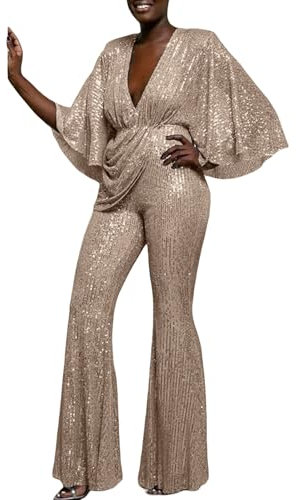 YIzdegg Jumpsuit paljetter dam festliga byxor stora storlekar affärsoverall, elegant glitterbyxdräkt, lång romper, utsvängd onepiece, ärmlös sparkdräkt, jumpsuits lekdräkter, Guld, 3XL