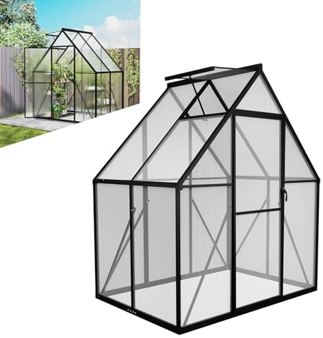 LZQ Serre de jardin en aluminium avec fondation, 125 x 180 x 195 cm, avec porte coulissante et fenêtre de toit, abri de jardin, résistant à l'hiver, pour l'élevage de tomates