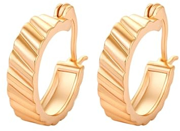 Tolldek Orecchini a cerchio da donna in oro giallo 14 carati, a righe alte, Au 585, stile Liberty, gioielli in vero oro