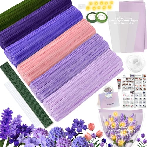 ZLPBAO Pfeifenreiniger Blumen Set, 450 Stück 6 Farben Pfeifenreiniger Set mit Anweisungen zur Herstellung von Verschiedenfarbigen Pfeifenreiniger Sträußen, für DIY Geschenke und Dekorieren