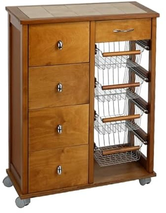 Liberoshopping Carrello cucina cassettiera OTELIA in legno di faggio con 4 cassetti, 4 cesti portafrutta in acciaio, ruote piroettanti e piano con mattonelle in ceramica – Made in Italy (Rovere)