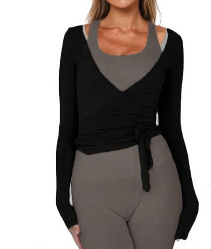 Women Ballet Wrap Top Long Sleeve Self Tie Dance Shirt Pilates Yoga Tops Y2k Workout Active Blouses (US, Alpha, Small, Regular, Regular, Black)
