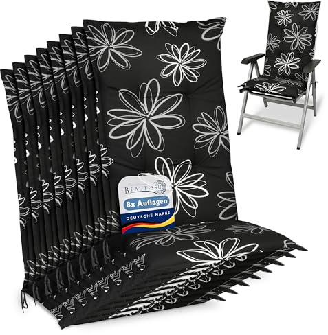 Beautissu 8er Set Hochlehner Auflage für Gartenstuhl Sitzpolster Blumen | 120x50cm 6cm dicke Polster UV-Lichtecht Gartenstuhlauflage schwarz mit Stuhlauflagen Garten Sitzauflage Terrasse Flores