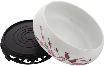DECOMELODY Maceta Hidropónica de Cerámica Azul y Blanco con Soporte Plástico Grande para Bonsáis y Plantas de Interior Cuenco Lotus Decorativo para Oficina y Diseño Chino