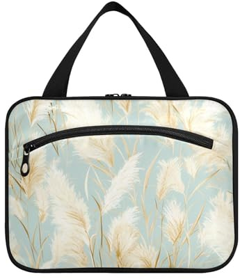 Trousse de maquillage à suspendre avec crochet - Motif herbe de la pampa dorée - Bleu clair - Pour femme - Pour salle de bain - Taille L