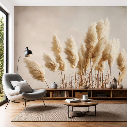 Seide Fototapete Schönes Pampasgras 3D Effekt Tapeten Retro-Stil XXL Wandtapete Wand Dekoration für Wohnzimmer, Kinderzimmer, Schlafzimmer, Tv - 150x105cm, Beige