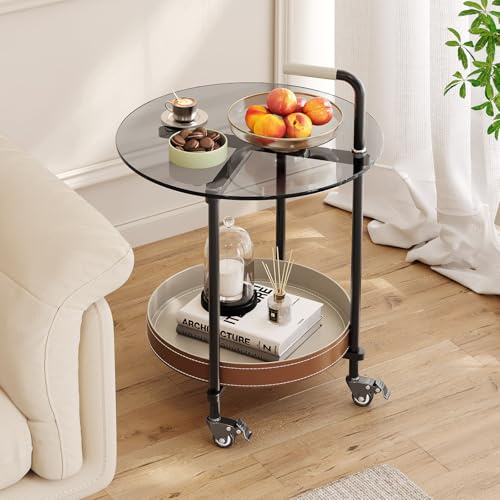 Guyii Beistelltisch mit Rollen, Runder Beistelltisch fürs Wohnzimmer, Mobiler Betttisch auf Rollen, Rolltisch Sofa Tisch, Couchtisch mit Ablage, Teewagen Beistelltische Modern (Stil B)