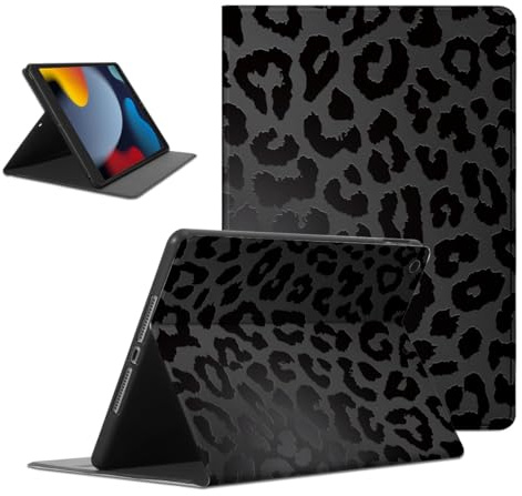 Coalbooliy Coque pour iPad 9./8./7. Generation, Aesthetic Léopard Motif Design Filles Femmes Housse de Protection Léger avec Support Fonction Ultra-Mince PU Tablet Case Étui à Rabat, Noir
