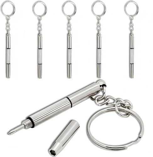 6Pcs Screwdriver for Glasses Tightening, Screwdriver for Glasses, 3 in 1 Sunglasses Screwdriver Set, Micro Screwdrivers with Key Ring for Sunglasses, Toy Screw Fixing Silver