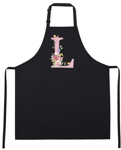 Livdouyu Damen Initialen Küchenschürze Mit Taschen | Verstellbare Küchenschürze, 70x80cm, für Küche Kochen Backen, Geschenk für Freundin Frauen Mama Oma