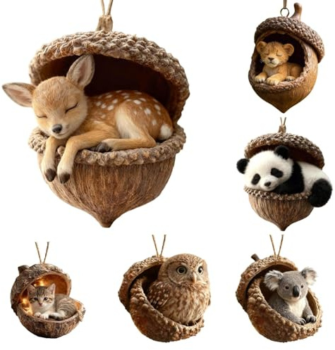 Waldtiere Eichels Ornaments,6PCS Acryl Tiere Aus Tannenzapfen Weihnachtsbaumschmuck Deko,Niedlich Waldtiere Anhänger,Hängend Natur Tiere Tierfiguren Anhänger