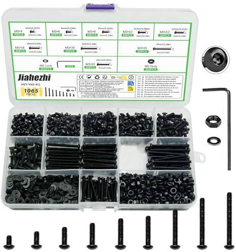 Jiahezhi 1065 Pcs M3 Bolts and Nuts Set Hex Socket Button Head Cap Screws | Black Round Head Hexagon Socket Bolts, Machine Screws and Nuts Washers Set with Wrench, Nuts And Bolts Assortment for DIY