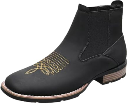 WXDTW Bottes de cowboy pour homme, bout carré, talon moyen, bottines occidentales classiques, vintage, broderie, bottines d'extérieur à enfiler, Noir , 41 1/3 EU