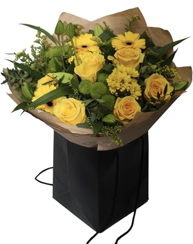 Yellow Rose Bouquet, Fresh Yellow Roses Yellow Gerberas/Green Chrysanthemums,Lily,solidago Unique Birthday Gift, Anniversaries, Mother's Day, Celebration (Include flower gift bag)