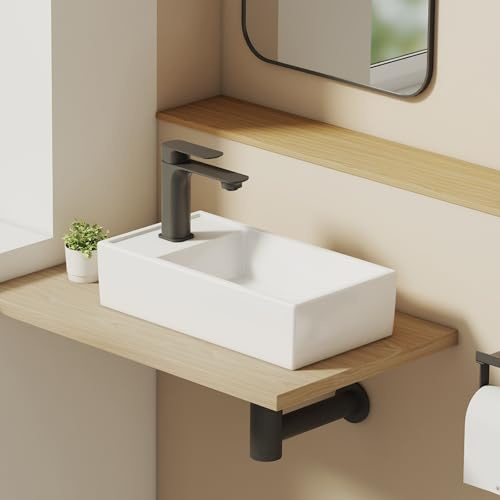 EMKE Waschbecken Rechteckig, Aufsatzwaschbecken Klein 416×223×105 mm, Hängewaschbecken mit Hahnloch, kleines waschbecken gäste wc, Mini Waschbecken Badezimmer Wandmontage, Weiß, ohne Ablaufgarnitur