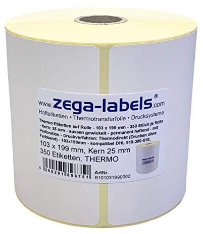 Thermo Etiketten auf Rolle - 103 x 199 mm - 350 Stück je Rolle - Kern: 25 mm - für Versandetiketten DHL - permanent haftend - mit Perforation - Druckverfahren: Thermodirekt (Drucken ohne Farbband)