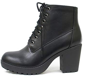 Soda Second Lug Sole Chunky Heel Combat Ankle Boot Lace up w/Side Zipper (8.5, Black PU)