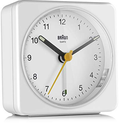 Braun klassischer analoger Quarzwecker in Weiß/Schlummerfunktion & Lichtfunktion/ruhiges Präzisions-Quarzuhrwerk/leuchtende Zeiger/Crescendo-Alarm/Modell BC03 W
