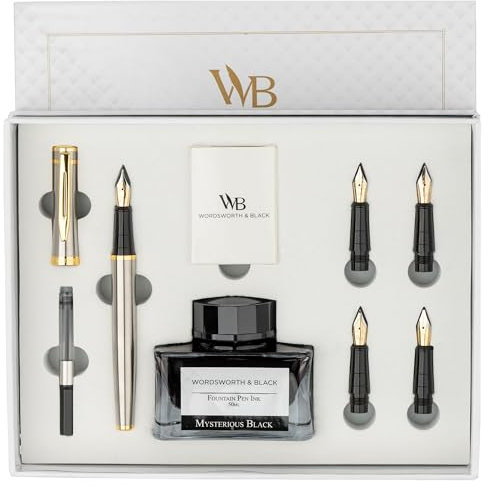 Wordsworth & Black Fountain Pen Gift Set, Includes Ink Bottle, Ink Refill Converter, 5 Replacement Nibs, Silver, Gold